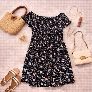 Young USA Black Floral Off Shoulder Dress Size Large Ruffle
